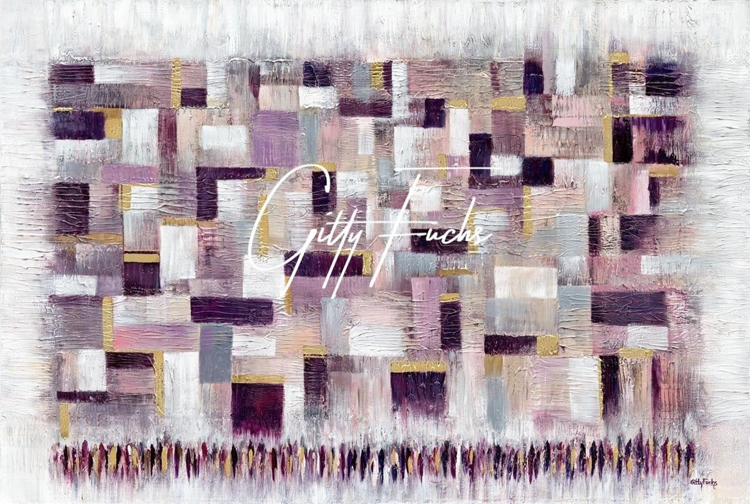 Modern Abstract Jewish Painting Geometric Square Mauve White Western Wall
